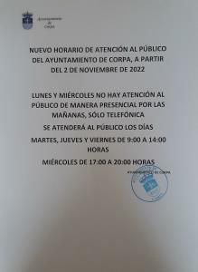 NUEVO HORARIO ATENCION PRESENCIAL AL PÚBLICO AYTO CORPA
